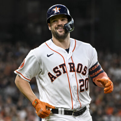 Chas McCormick of the Houston Astros looks on against the Seattle Mariners at Minute Maid Park.