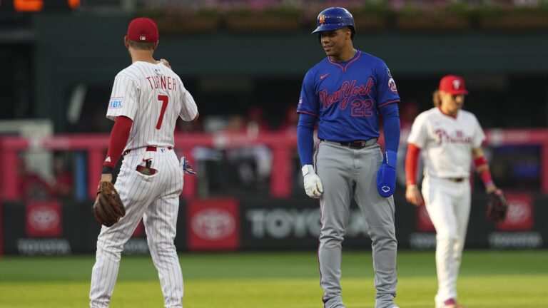 Juan Soto of the New York Mets looks on against Trea Turner of the Philadelphia Phillies at Citizens Bank Park.
