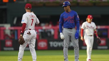 Juan Soto of the New York Mets looks on against Trea Turner of the Philadelphia Phillies at Citizens Bank Park.