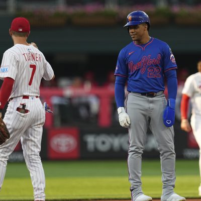 Juan Soto of the New York Mets looks on against Trea Turner of the Philadelphia Phillies at Citizens Bank Park.