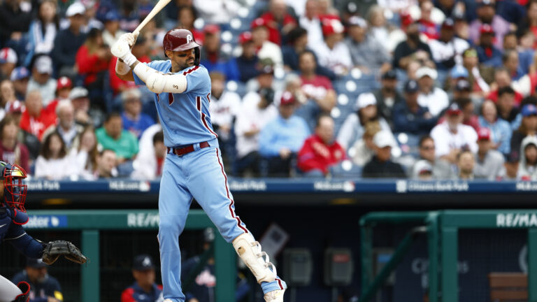 Nick Castellanos #8 of the Philadelphia Phillies in action against the Atlanta Braves during a game at Citizens Bank Park