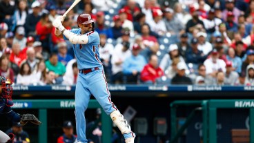 Nick Castellanos #8 of the Philadelphia Phillies in action against the Atlanta Braves during a game at Citizens Bank Park