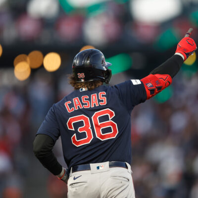 Triston Casas of the Boston Red Sox celebrates after hitting a solo home run in the top of the fifth inning against the San Francisco Giants at Oracle Park.