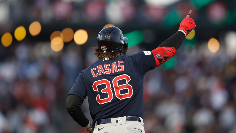 Triston Casas of the Boston Red Sox celebrates after hitting a solo home run in the top of the fifth inning against the San Francisco Giants at Oracle Park.