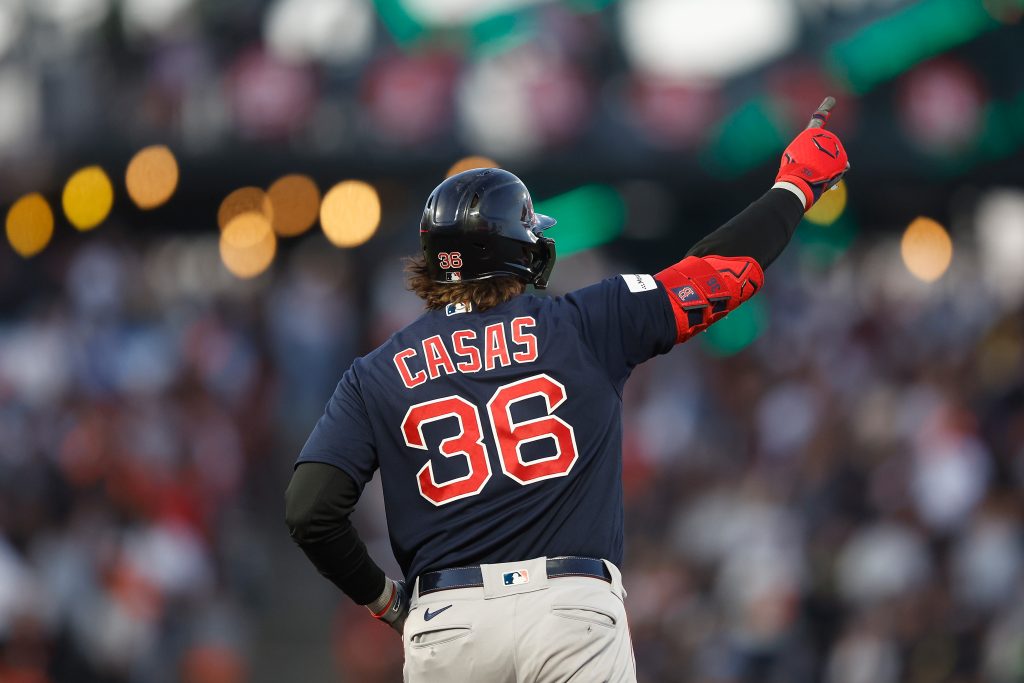 Triston Casas of the Boston Red Sox celebrates after hitting a solo home run in the top of the fifth inning against the San Francisco Giants at Oracle Park.