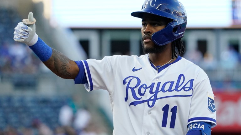 Maikel Garcia #11 of the Kansas City Royals celebrates a single in the first inning against the Seattle Mariners at Kauffman Stadium.