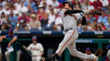 Wilmer Flores of the San Francisco Giants at bat in a game against the Philadelphia Phillies at Citizen Bank Park.