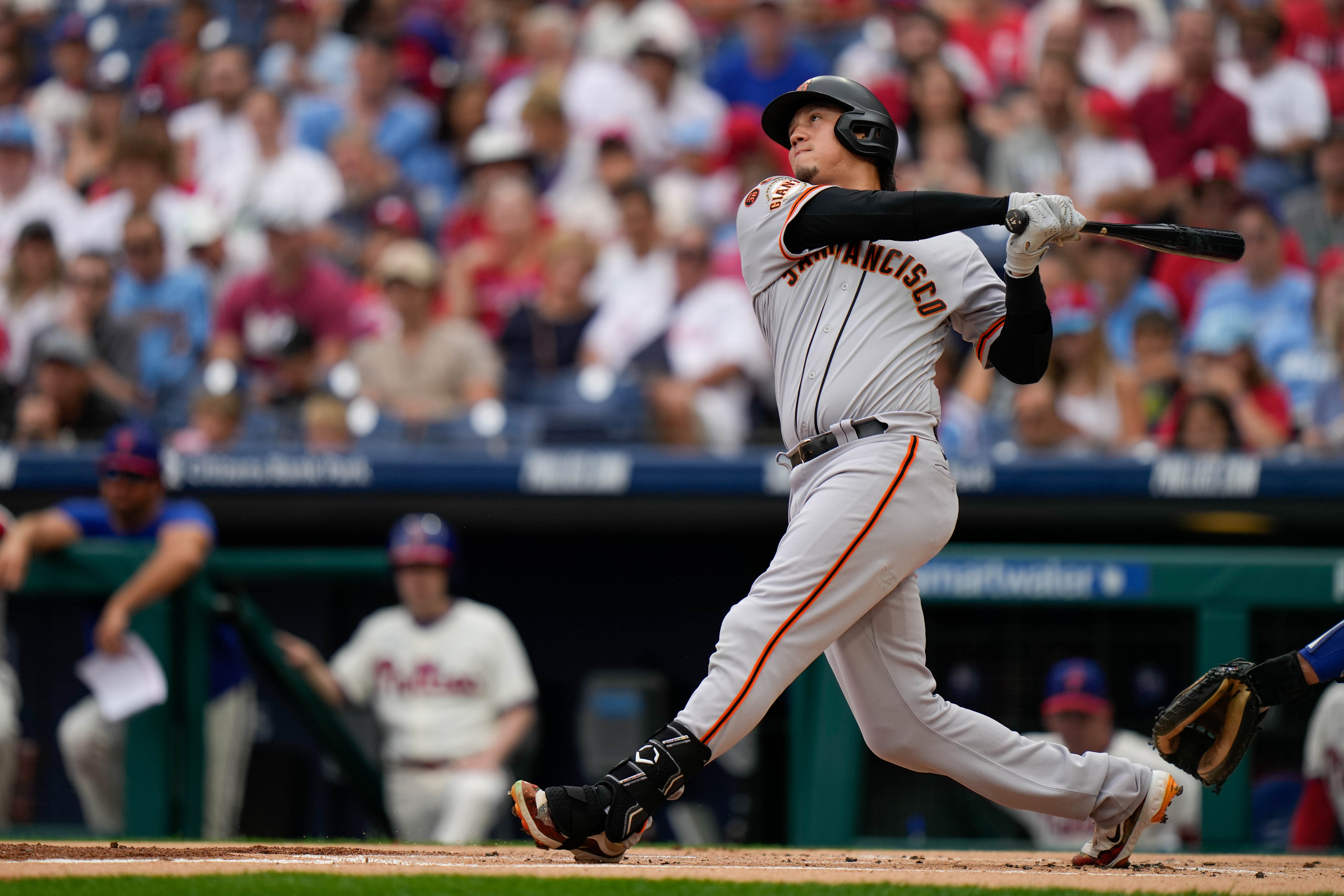 Wilmer Flores of the San Francisco Giants at bat in a game against the Philadelphia Phillies at Citizen Bank Park.