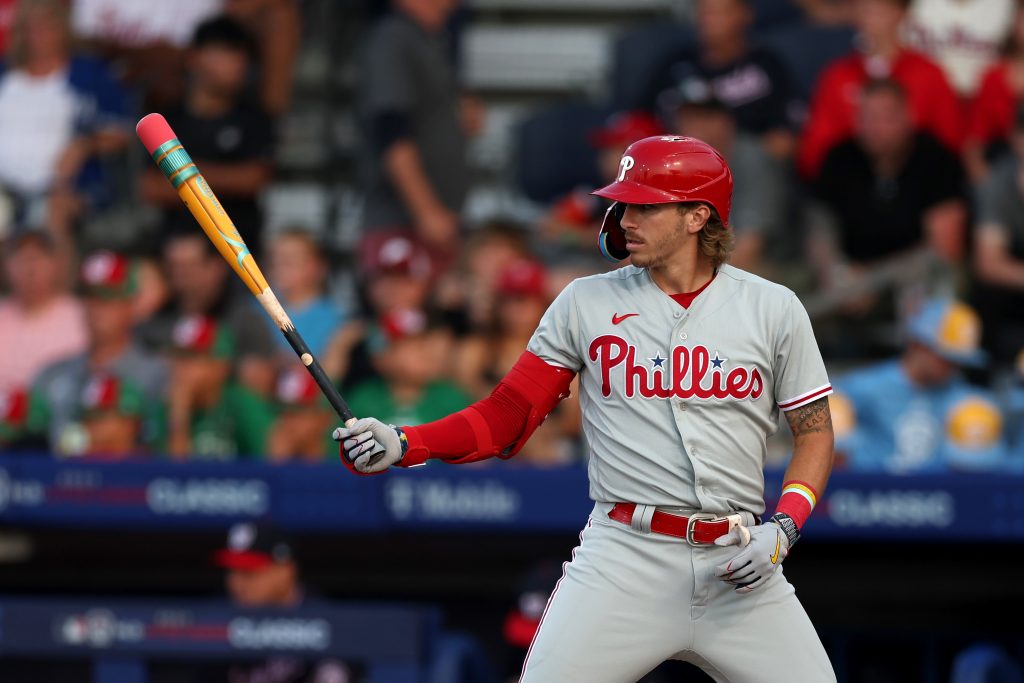 Bryson Stott of the Philadelphia Phillies bats with a pencil designed bat against the Washington Nationals in the first inning during the 2023 Little League Classic at Bowman Field.
