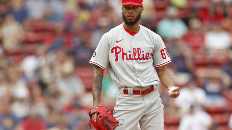 Cristopher Sanchez of the Philadelphia Phillies looks on during the third inning against the Boston Red Sox at Fenway Park.