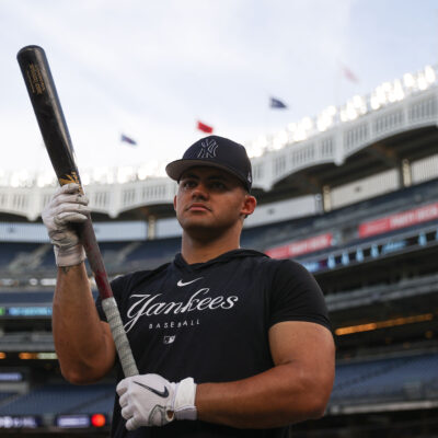 Jasson Domínguez of the New York Yankees during batting practice prior to a game against the Detroit Tigers at Yankee Stadium.