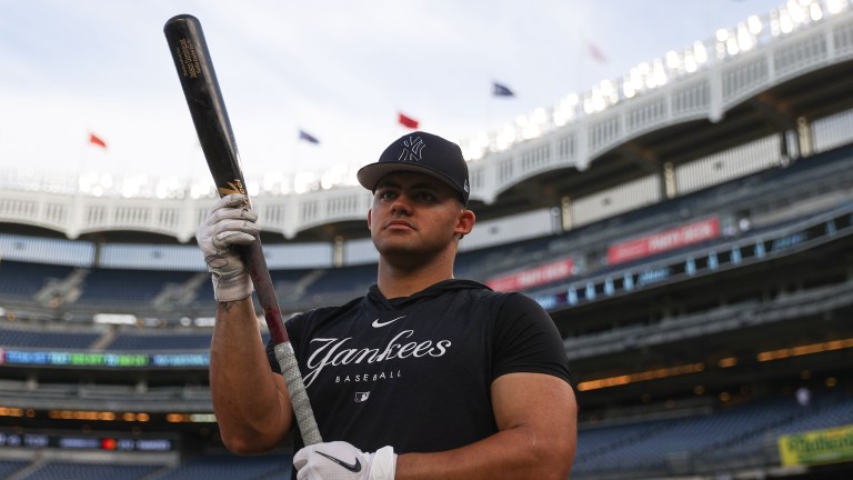 Jasson Domínguez of the New York Yankees during batting practice prior to a game against the Detroit Tigers at Yankee Stadium.