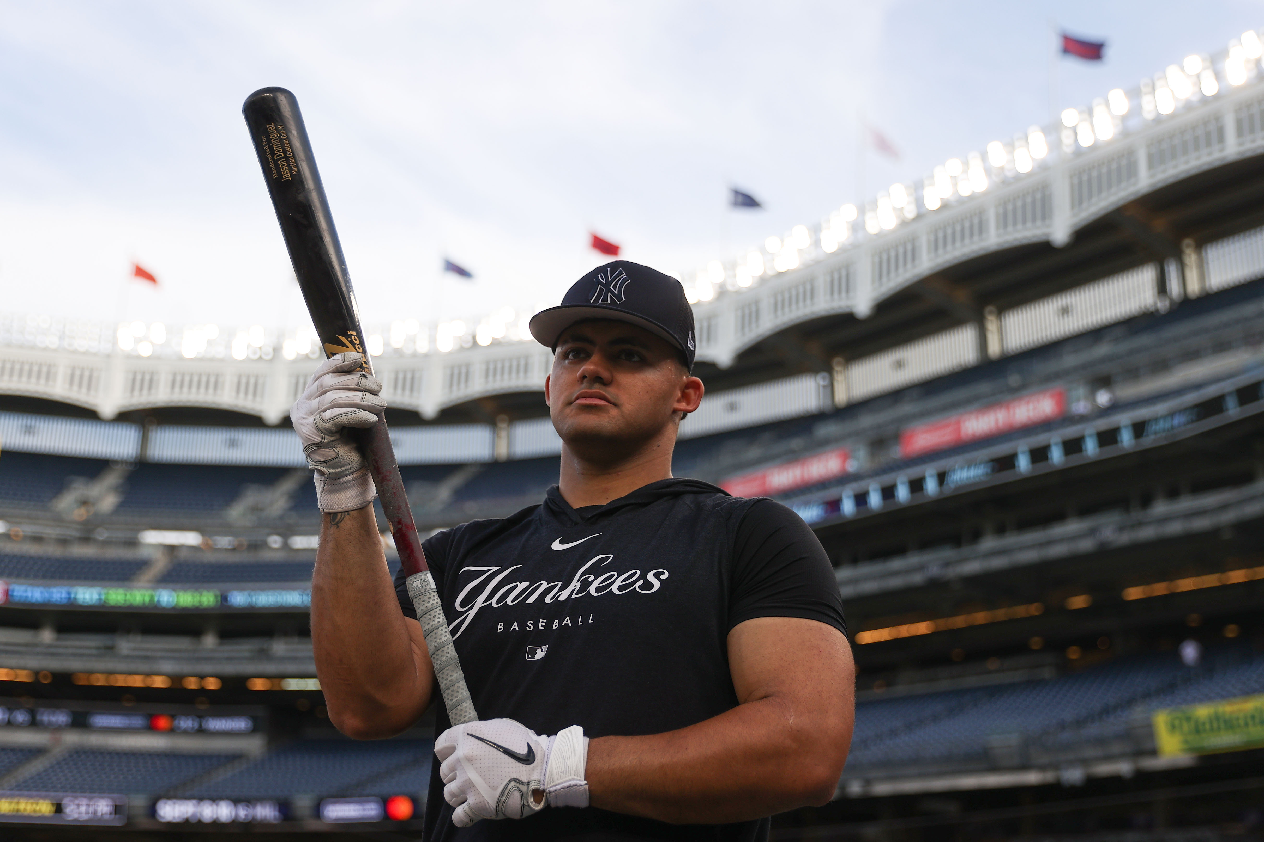 Jasson Domínguez of the New York Yankees during batting practice prior to a game against the Detroit Tigers at Yankee Stadium.