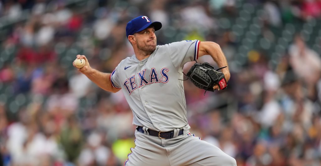 Max Scherzer #31 of the Texas Rangers pitches against the Minnesota Twins on August 26, 2023 at Target Field.