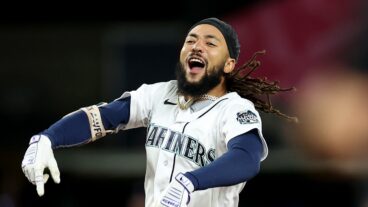 J.P. Crawford of the Seattle Mariners celebrates his walk-off double against the Texas Rangers to win 3-2 at T-Mobile Park.