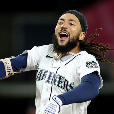 J.P. Crawford of the Seattle Mariners celebrates his walk-off double against the Texas Rangers to win 3-2 at T-Mobile Park.