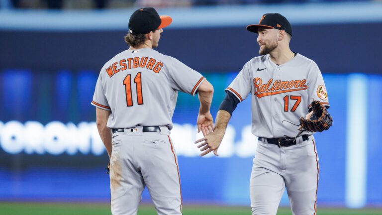 Young stars Jordan Westburg and Colton Cowser of the Baltimore Orioles celebrates their MLB game win over the Toronto Blue Jays at Rogers Centre.