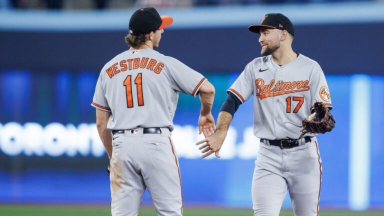 Young stars Jordan Westburg and Colton Cowser of the Baltimore Orioles celebrates their MLB game win over the Toronto Blue Jays at Rogers Centre.
