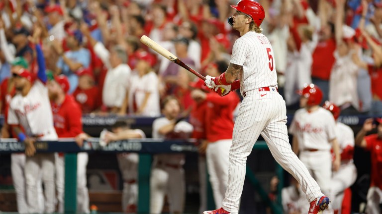 Bryson Stott of the Philadelphia Phillies reacts after hitting a grand slam during the sixth inning against the Miami Marlins in Game Two of the Wild Card Series at Citizens Bank Park.