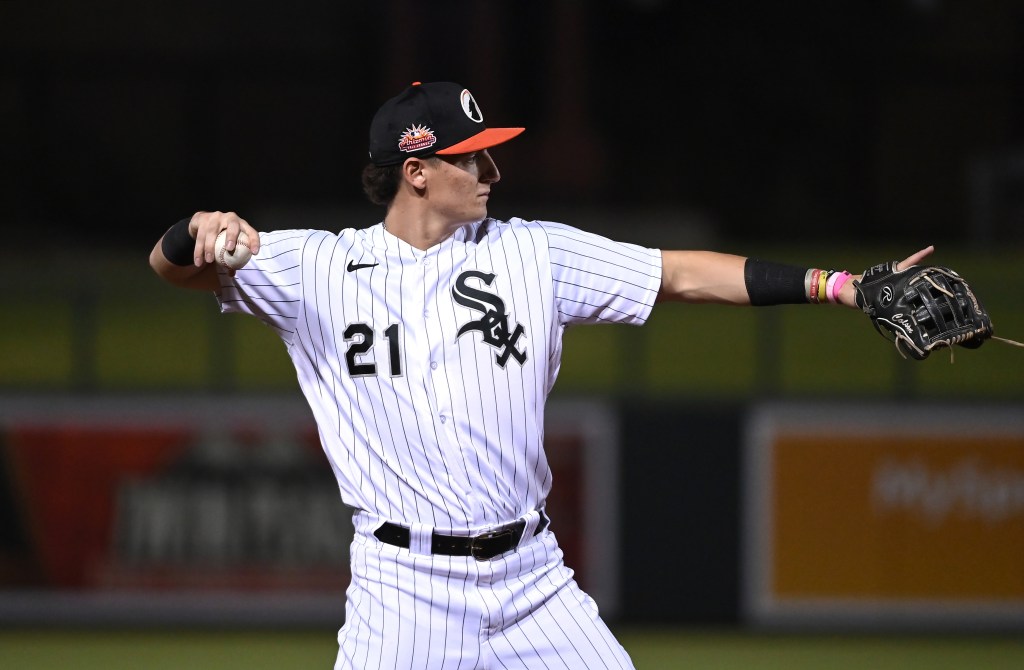 Top prospect Colson Montgomery, a key piece of the White Sox rebuild, throws during the game between the Scottsdale Scorpions and the Glendale Desert Dogs at Camelback Ranch.