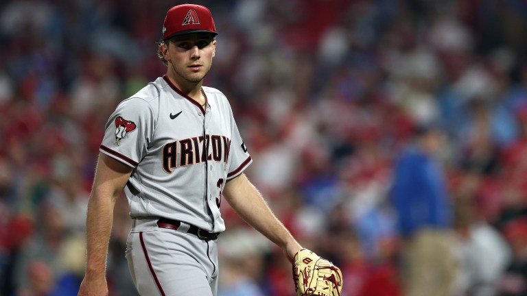 Brandon Pfaadt of the Arizona Diamondbacks looks on against the Philadelphia Phillies during the first inning in Game Seven of the Championship Series at Citizens Bank Park.