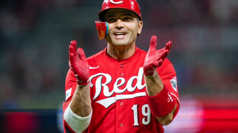 CINCINNATI, OHIO - AUGUST 19: Joey Votto #19 of the Cincinnati Reds smiles and claps during a game against the Toronto Blue Jays at Great American Ball Park