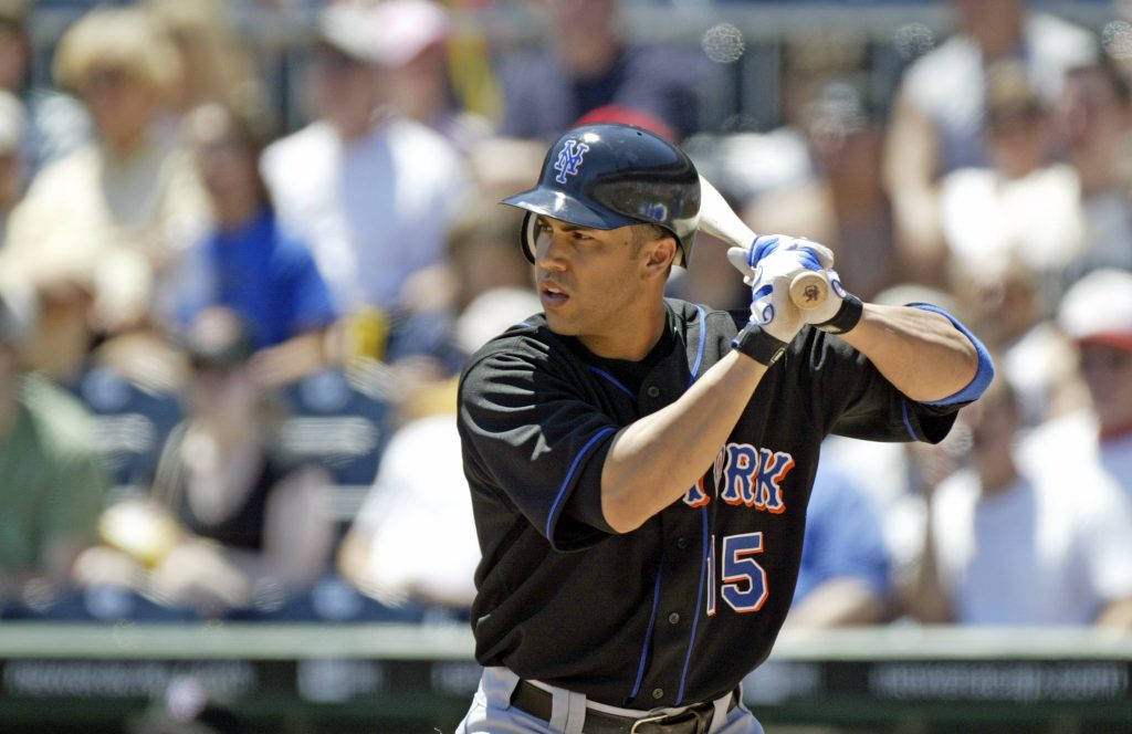 PITTSBURGH, PA - JULY 10: Carlos Beltran #15 of the New York Mets bats against the Pittsburgh Pirates during a Major League Baseball game at PNC Park on July 10, 2005 in Pittsburgh, Pennsylvania. The Mets defeated the Pirates 6-1. (Photo by George Gojkovich/Getty Images)