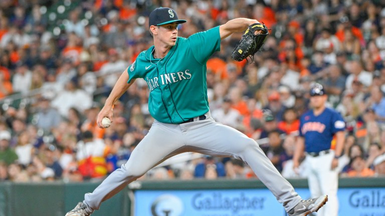 Seattle Mariners starting pitcher Emerson Hancock (62) delivers a pitch during the baseball game between the Seattle Mariners and Houston Astros at Minute Maid Park.