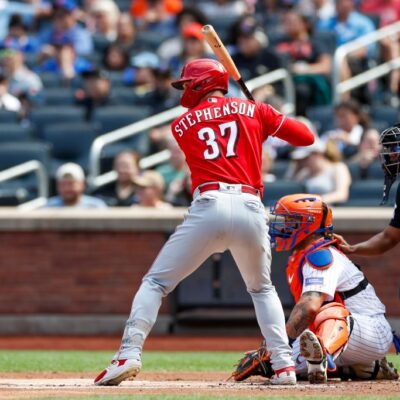 Tyler Stephenson of the Cincinnati Reds bats in the first inning during a game against the New York Mets at Citi Field.
