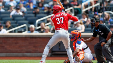 Tyler Stephenson of the Cincinnati Reds bats in the first inning during a game against the New York Mets at Citi Field.