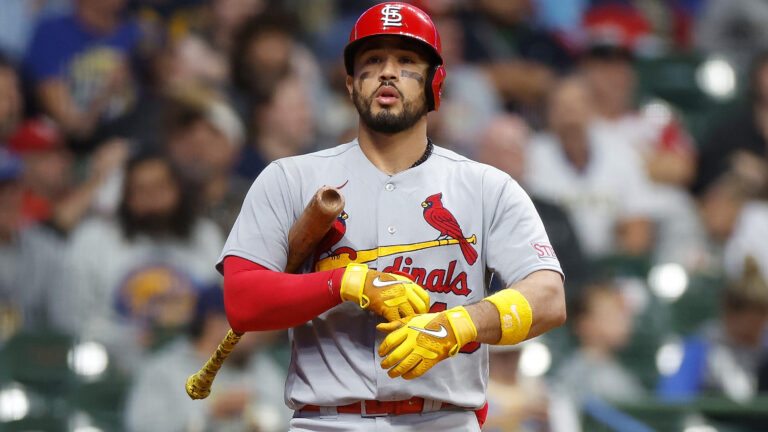 Ivan Herrera #48 of the St. Louis Cardinals up to bat against the Milwaukee Brewers at American Family Field.