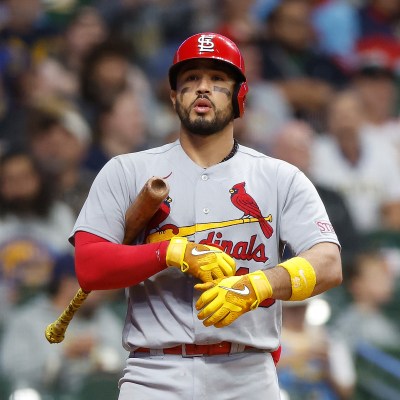 Ivan Herrera #48 of the St. Louis Cardinals up to bat against the Milwaukee Brewers at American Family Field.