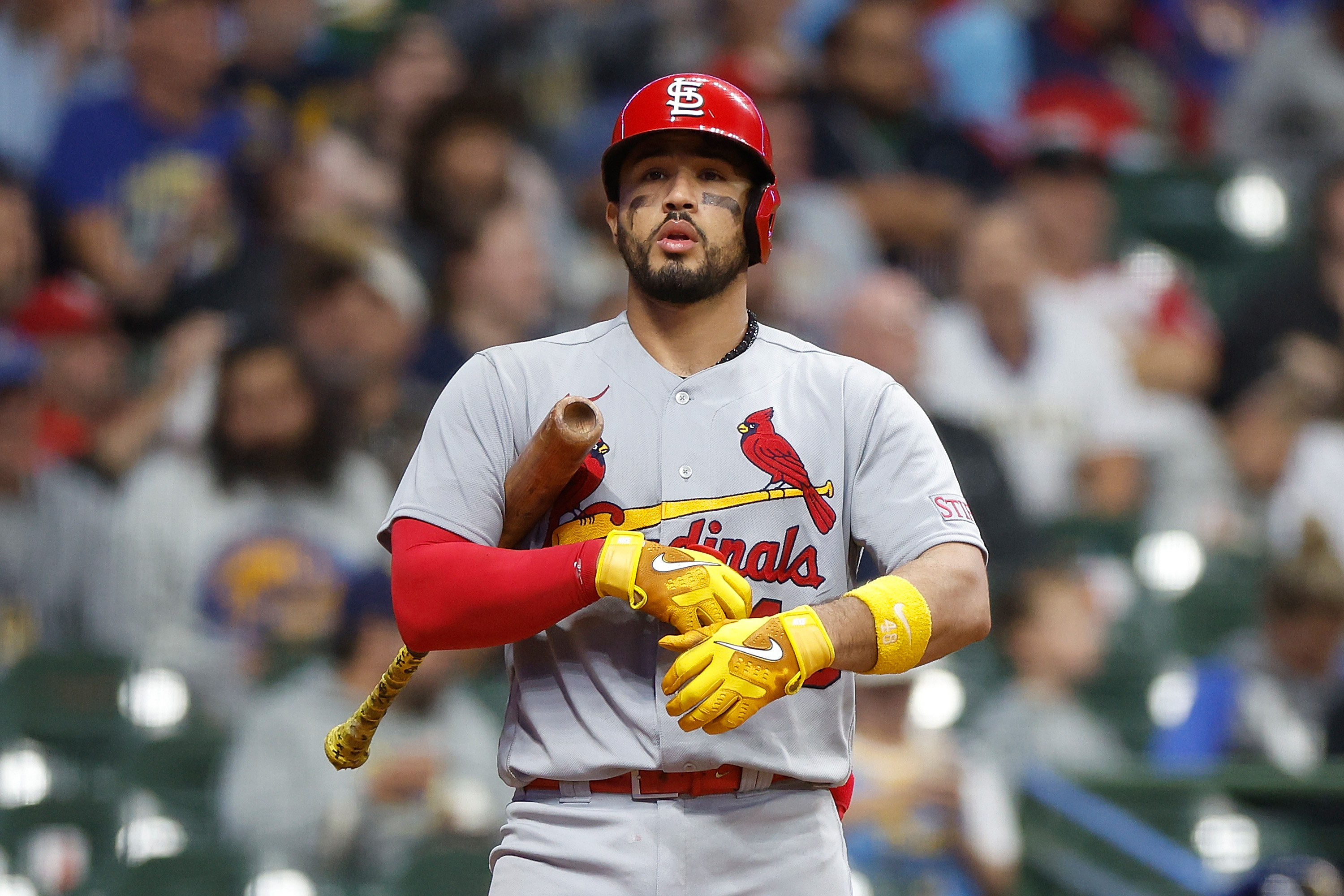 Ivan Herrera #48 of the St. Louis Cardinals up to bat against the Milwaukee Brewers at American Family Field.