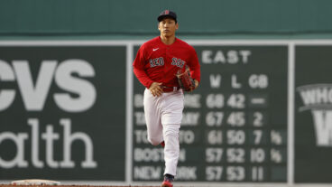 Masataka Yoshida of the Boston Red Sox runs in from left field against the Toronto Blue Jays during the ninth inning at Fenway Park.
