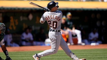 Spencer Torkelson #20 of the Detroit Tigers hits a two run rbi single against the Oakland Athletics in the top of the third inning at RingCentral Coliseum.