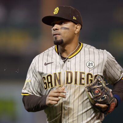 Xander Bogaerts of the San Diego Padres looks on between innings against the Oakland Athletics at RingCentral Coliseum.