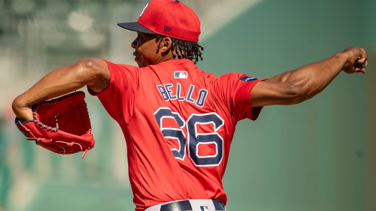 Brayan Bello of the Boston Red Sox pitches during live batting practice during a spring training team workout on February 15, 2024 at jetBlue Park at Fenway South.