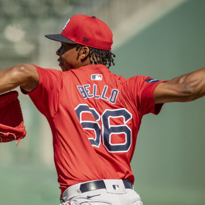 Brayan Bello of the Boston Red Sox pitches during live batting practice during a spring training team workout on February 15, 2024 at jetBlue Park at Fenway South.