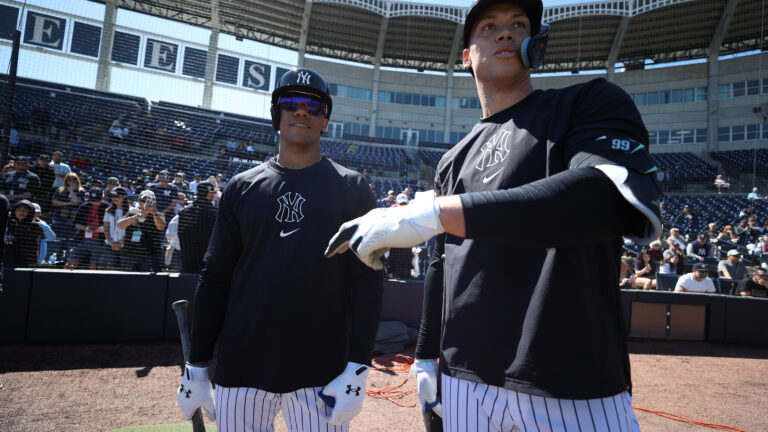 Juan Soto and Aaron Judge of the New York Yankees talk during spring training at George M. Steinbrenner Field.