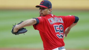 Carlos Carrasco of the Cleveland Indians pitches against the Oakland Athletics during the first inning at Progressive Field.
