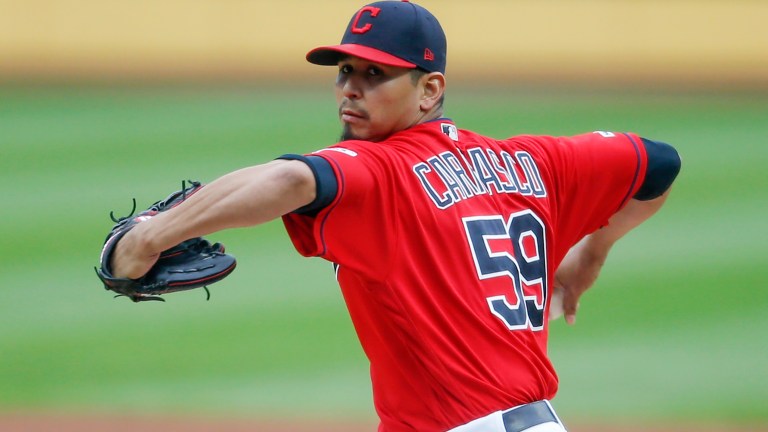 Carlos Carrasco of the Cleveland Indians pitches against the Oakland Athletics during the first inning at Progressive Field.