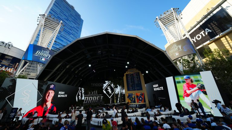 A view of the draft board and stage as Noah Schultz is selected as the 26th pick by the Chicago White Sox during the 2022 Major League Baseball Draft at L.A. Live.