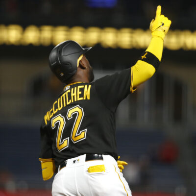Andrew McCutchen #22 of the Pittsburgh Pirates celebrates after hitting a two run home run in the fifth inning against the St. Louis Cardinals at PNC Park.