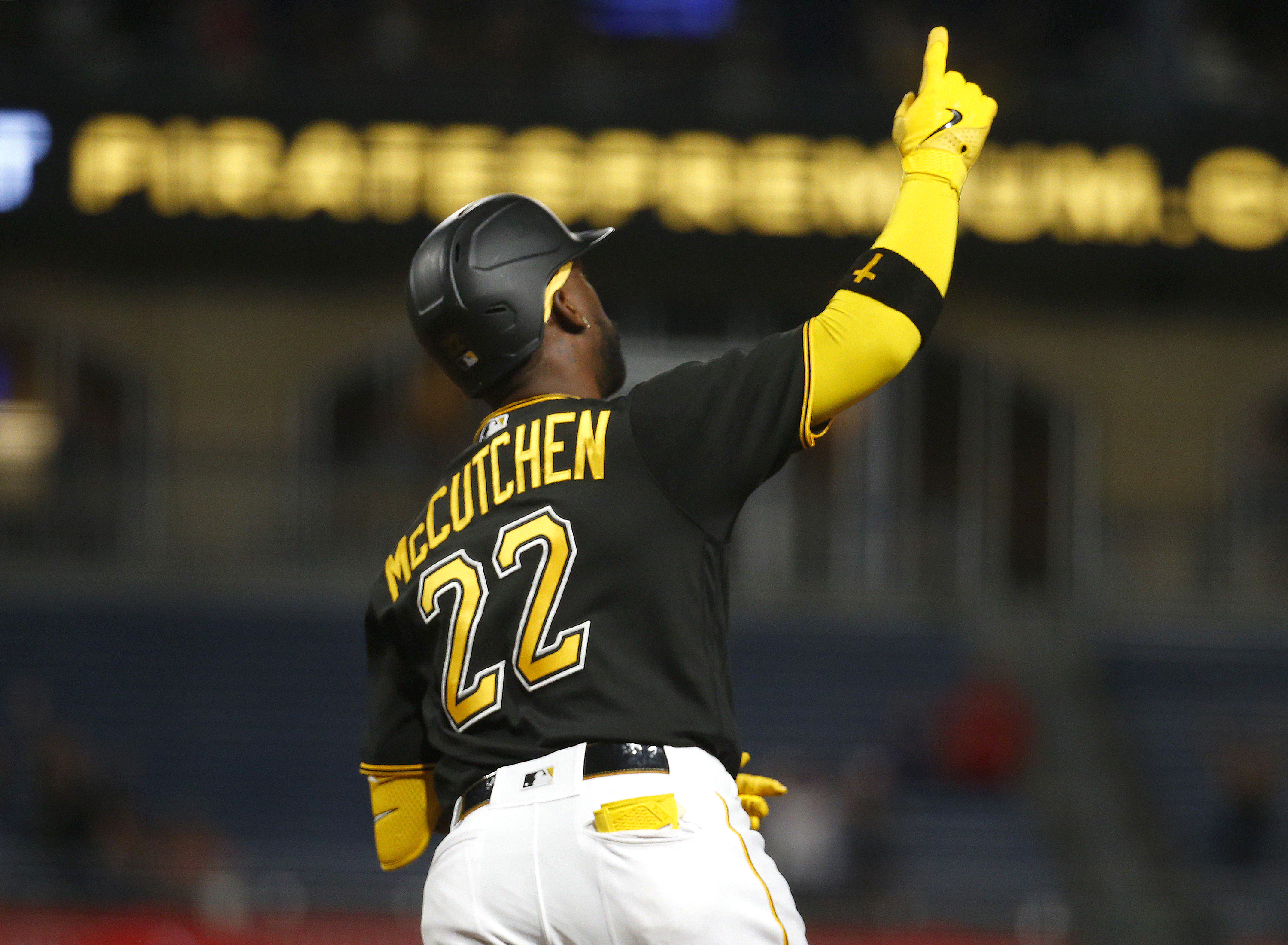 Andrew McCutchen #22 of the Pittsburgh Pirates celebrates after hitting a two run home run in the fifth inning against the St. Louis Cardinals at PNC Park.