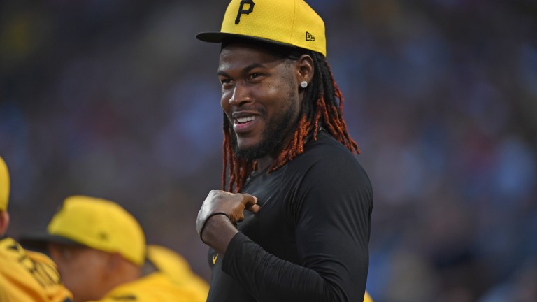 Oneil Cruz of the Pittsburgh Pirates looks on during the fourth inning against the Cincinnati Reds at PNC Park.