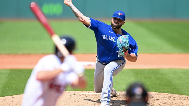 CLEVELAND, OHIO - AUGUST 10, 2023: Alek Manoah #6 of the Toronto Blue Jays throws a pitch during the fourth inning against the Cleveland Guardians at Progressive Field on August 10, 2023 in Cleveland, Ohio. (Photo by Nick Cammett/Diamond Images via Getty Images)