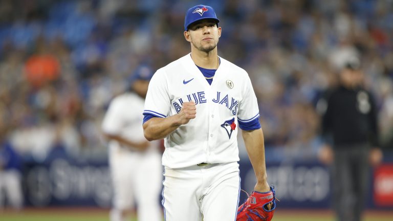 Jose Berrios of the Toronto Blue Jays reacts as he strikes out a batter to end the top of the sixth inning of their MLB game against the Boston Red Sox at Rogers Centre.