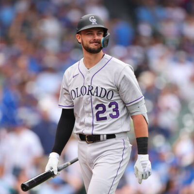 Kris Bryant of the Colorado Rockies reacts after striking out against the Chicago Cubs during the first inning at Wrigley Field.