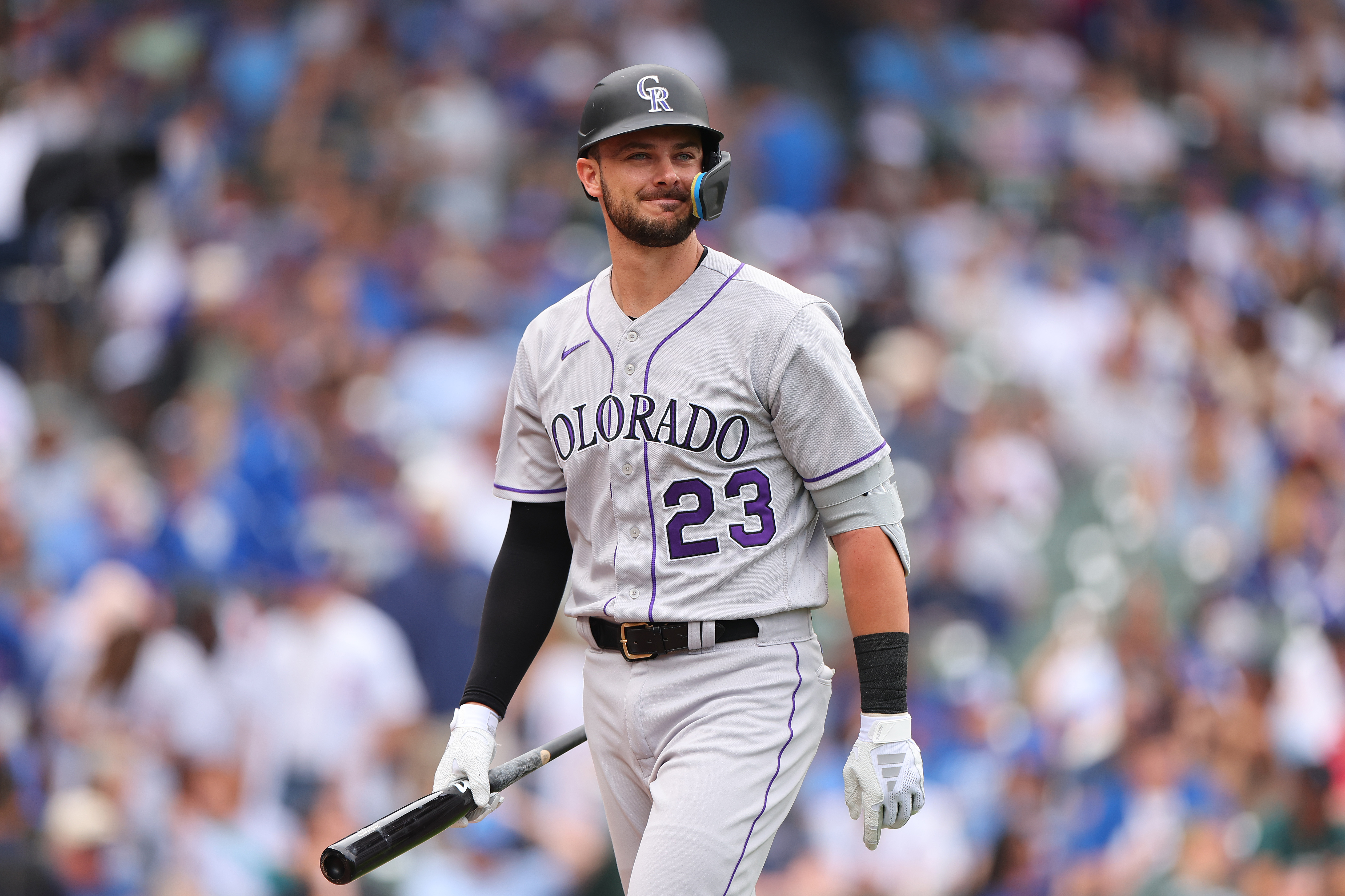 Kris Bryant of the Colorado Rockies reacts after striking out against the Chicago Cubs during the first inning at Wrigley Field.