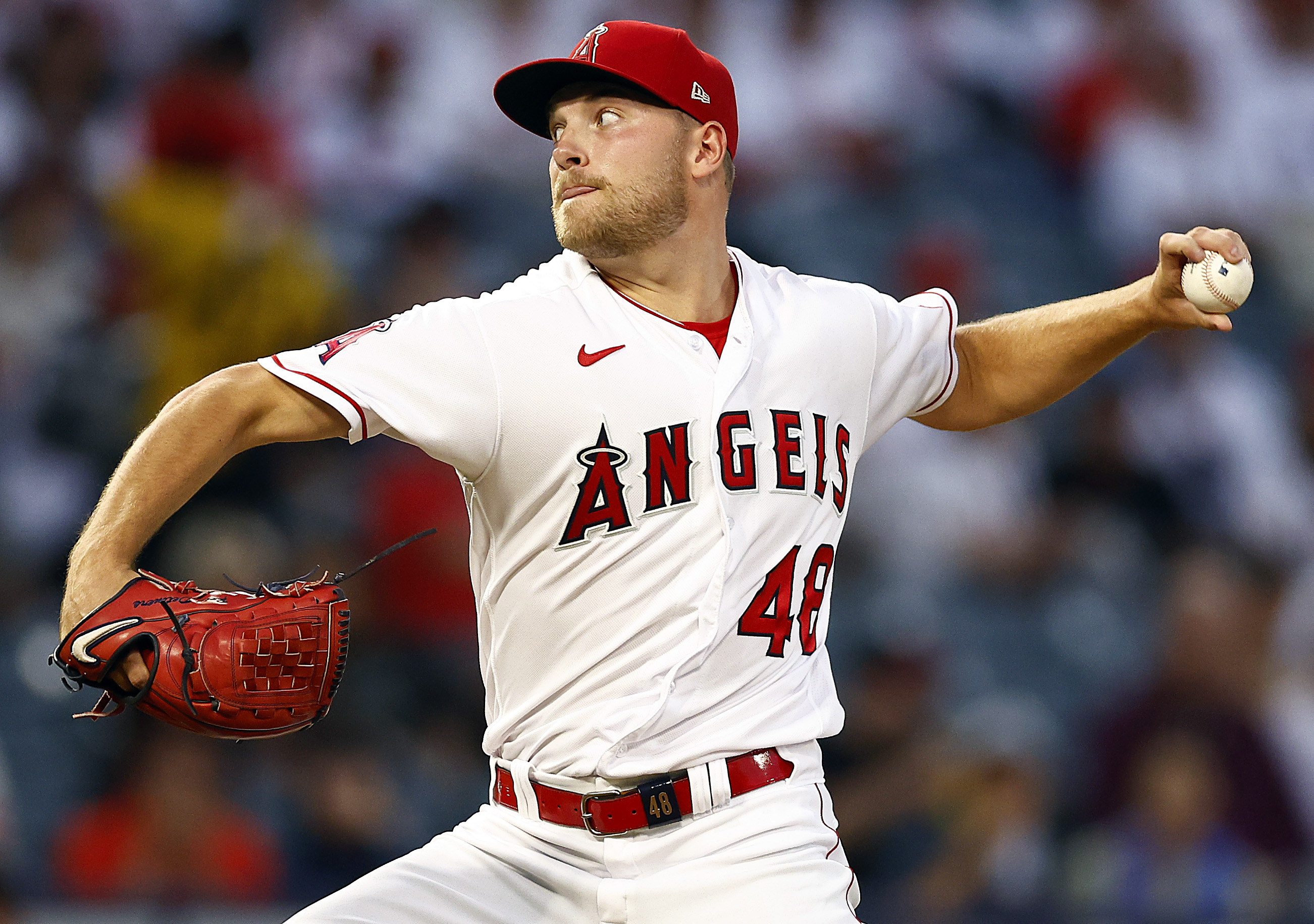 Reid Detmers of the Los Angeles Angels throws against the Texas Rangers in the first inning at Angel Stadium.